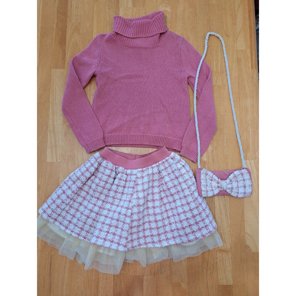 Cynthia Rowley 3 Pc Pink & Ivory Knit Tweed Outfit Skirt Sweater Girls S (5/6)